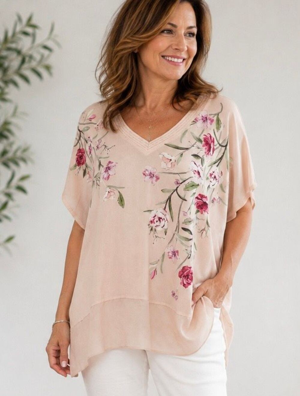 Couchel Spain XL+ Blush Pink Floral V-Neck Flowy Tunic Top Blouse